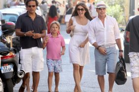 Elizabeth Hurley, white summer dress, tank dress, wedge sandals, sunglasses, purse